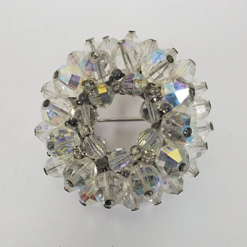 Vintage Aurora Borealis Clear AB Glass Beaded Cluster Wreath‎ Circle Brooch Pin